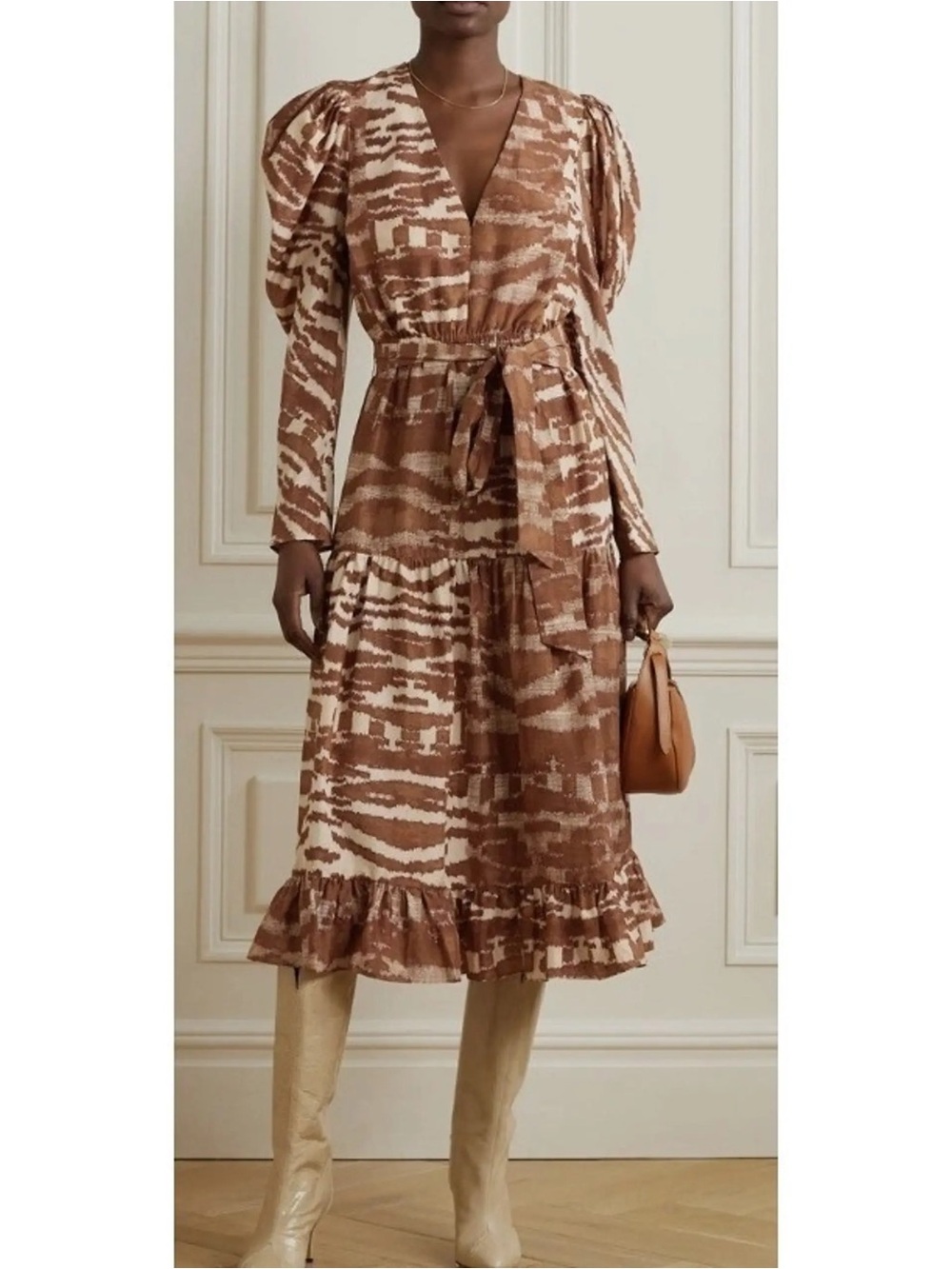 New‎ Ulla Johnson Leila Belted Printed Silk Midi Dress Brown Sz 4